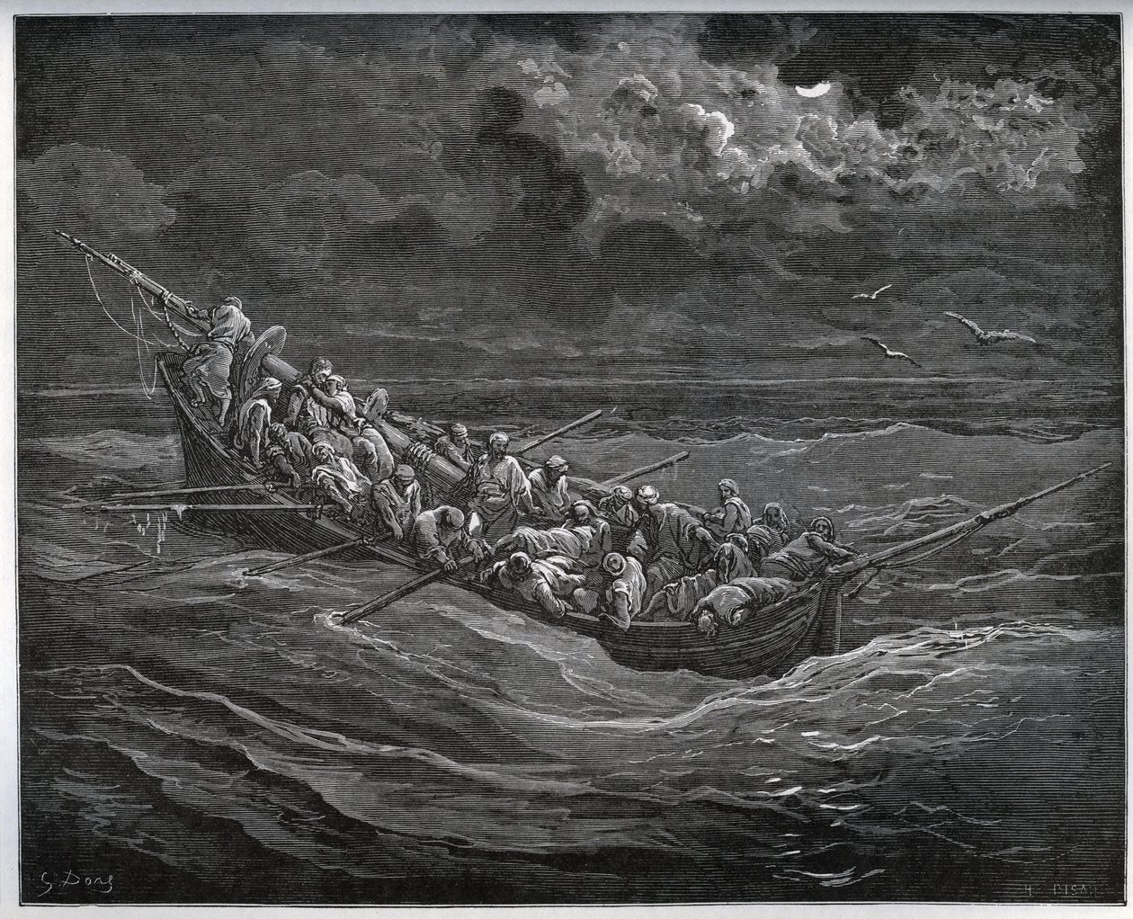 Escape of Zoraide med fången i båten full av flykter från Alger till Spanien - från "Don Quixote de la Mancha"" av Miguel Cervantes (1547-1616) (Don Quijote) - Träsnitt efter teckning av Gustave Dore av Gustave Dore