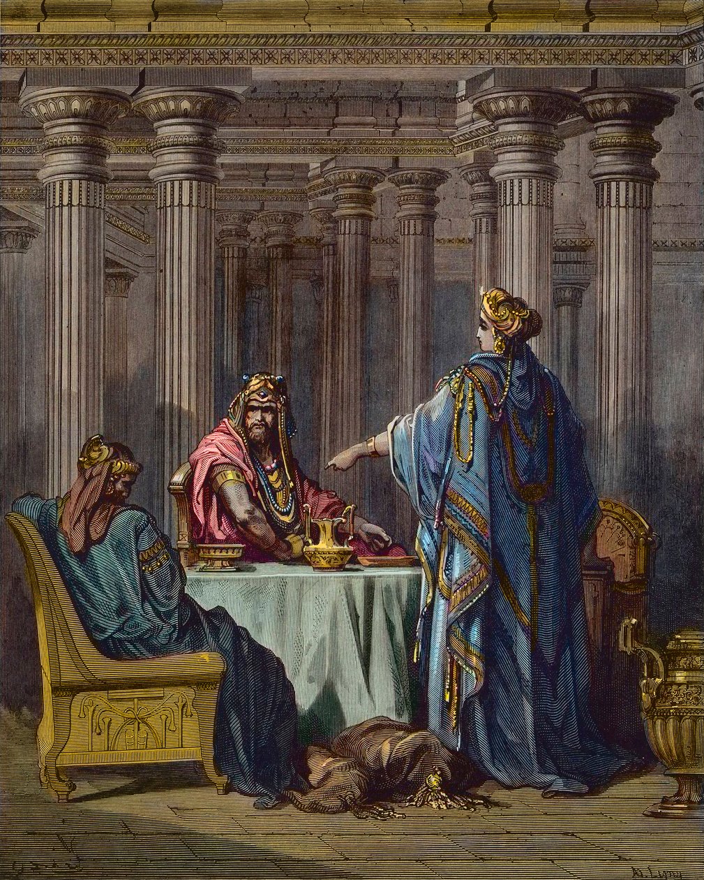 Esther anklagar Haman (Aman) - bibliska scener, Esther och Aman, trästick av Gustave Dore - senare färgläggning av Gustave Dore