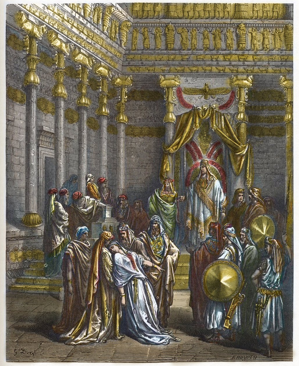 Ester svimmar inför kungen av Persien Assuerus 1:a (Xerxes 1:a) - Drottning Ester svimmar inför kung Ahasveros - - gravyr i "The Bible illustree" av Gustave Dore (1832-1883) - Gravyr från "" The Dore Bible"" av Gustave Dore