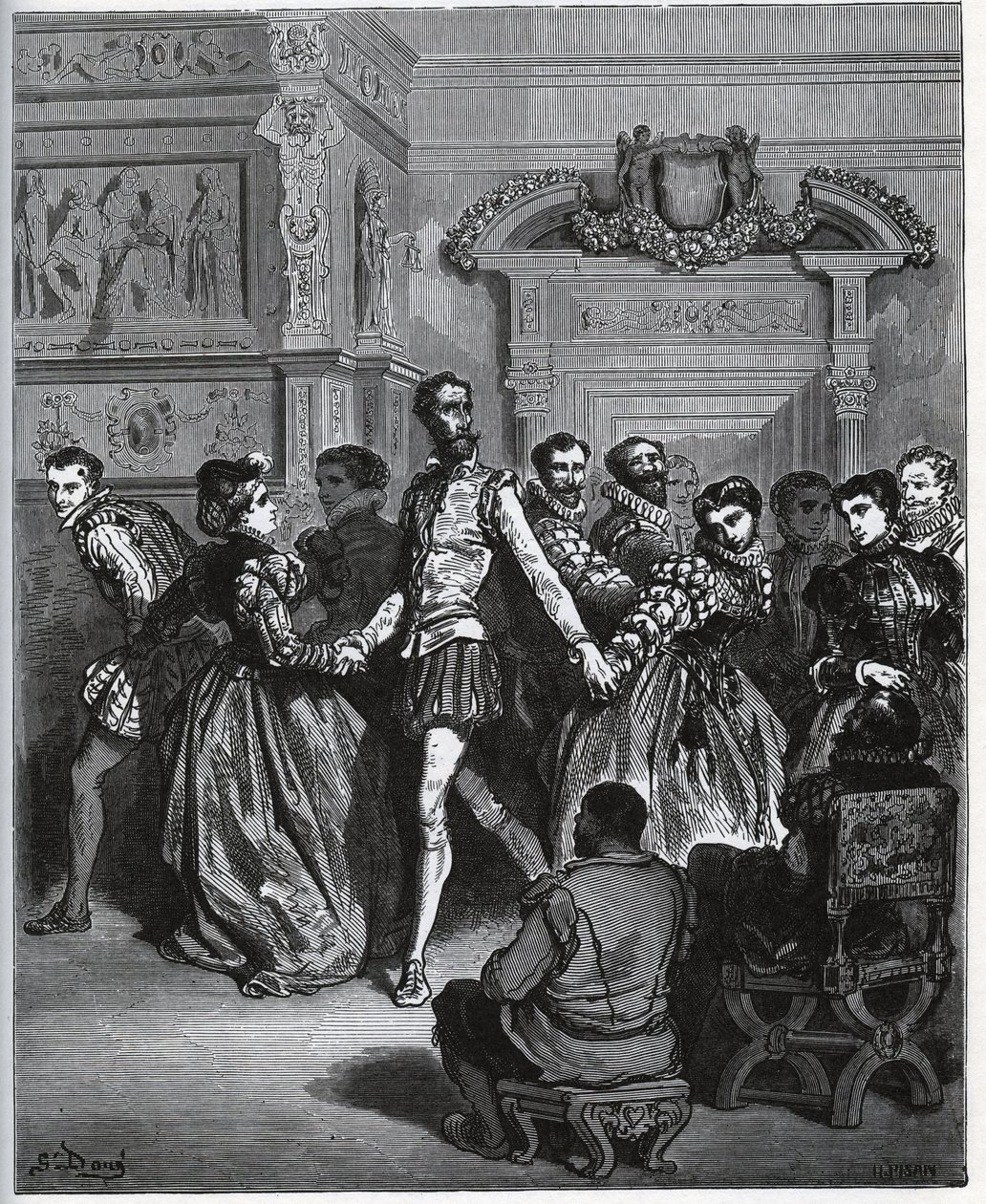 Kväll anordnad efter Don Antonio. Don Quijote upptäcker utan att uppskatta dansens nöjen - från "Don Quixote de la Mancha" av Miguel Cervantes av Gustave Dore