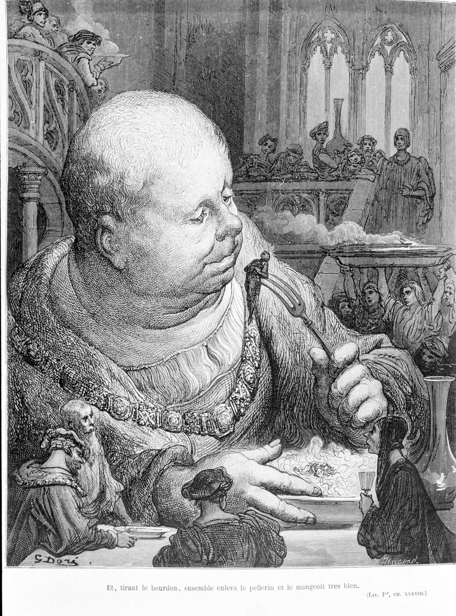 Utdrag ur Gargantua (1534) av François Rabelais (1483 - 1553): Och genom att dra humlan, tog de tillsammans bort pellerin och åt den mycket bra. Gravyr av Gustave Dore (1823-1883) av Gustave Dore