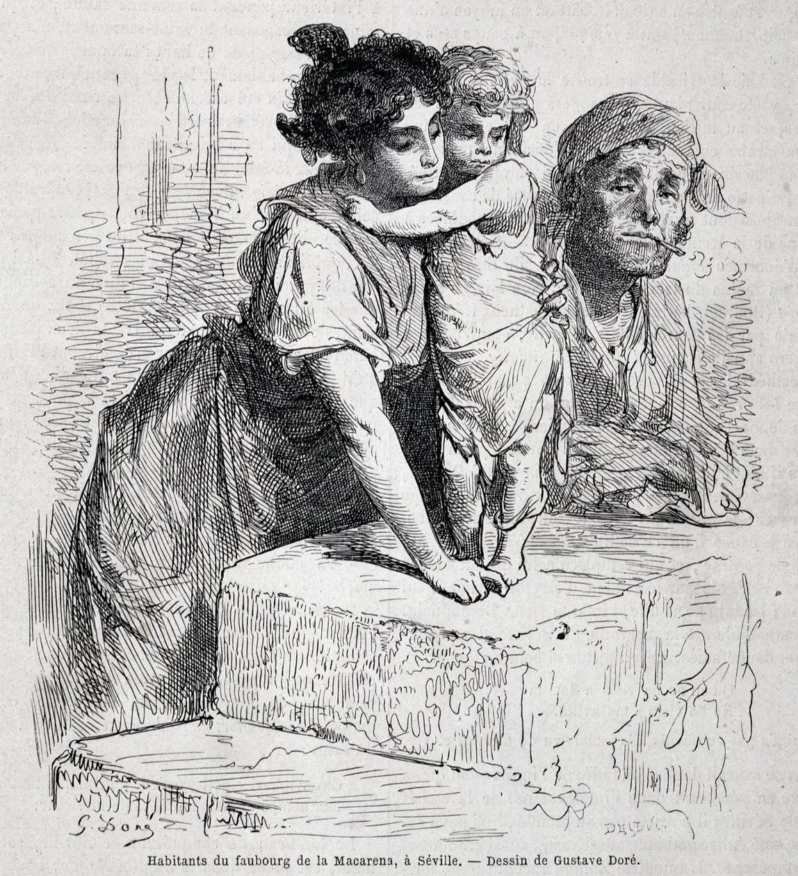 Familj till förorten Macarena i Sevilla - dess. av Gustave Doré, i "" Le Tour du monde", 2:a veckan 1865. av Gustave Dore