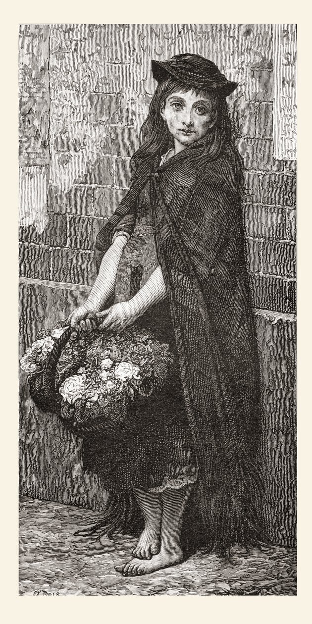 Blomsterflicka efter ett verk av Gustave Dore. Ur Life and Reminiscences of Gustave Dore, publicerad 1885. av Gustave Dore