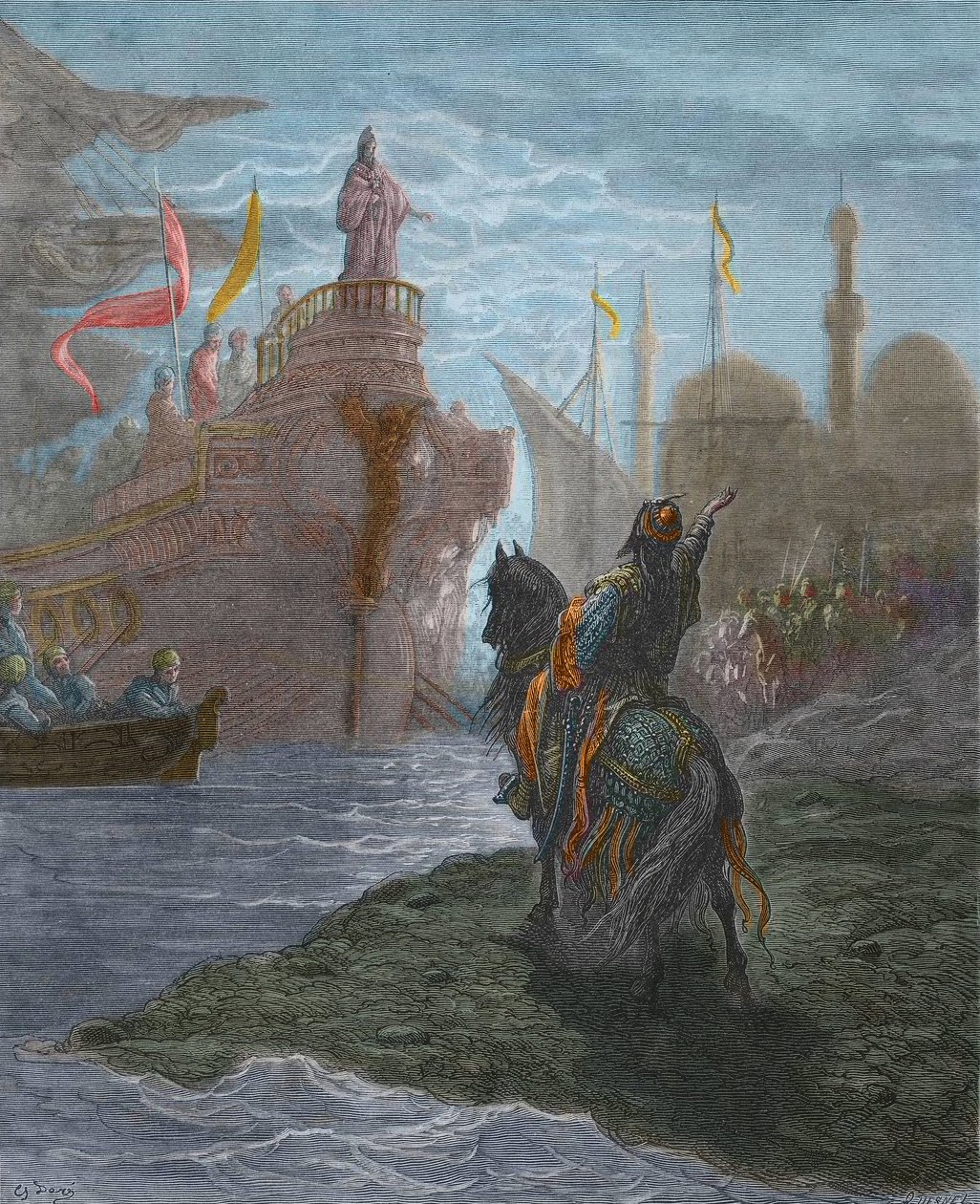 Fjärde korståget - Fjärde korståget - Alexis V Doukas Murzuphle (1140-1204) - Murzuflo (Alessio Ducas) förhandlar med Doge Enrico Dandolo (1107-1205), en 1204. gravyr av Gustave Dore (1832-1883) från History of the Crusades av Gustave Dore