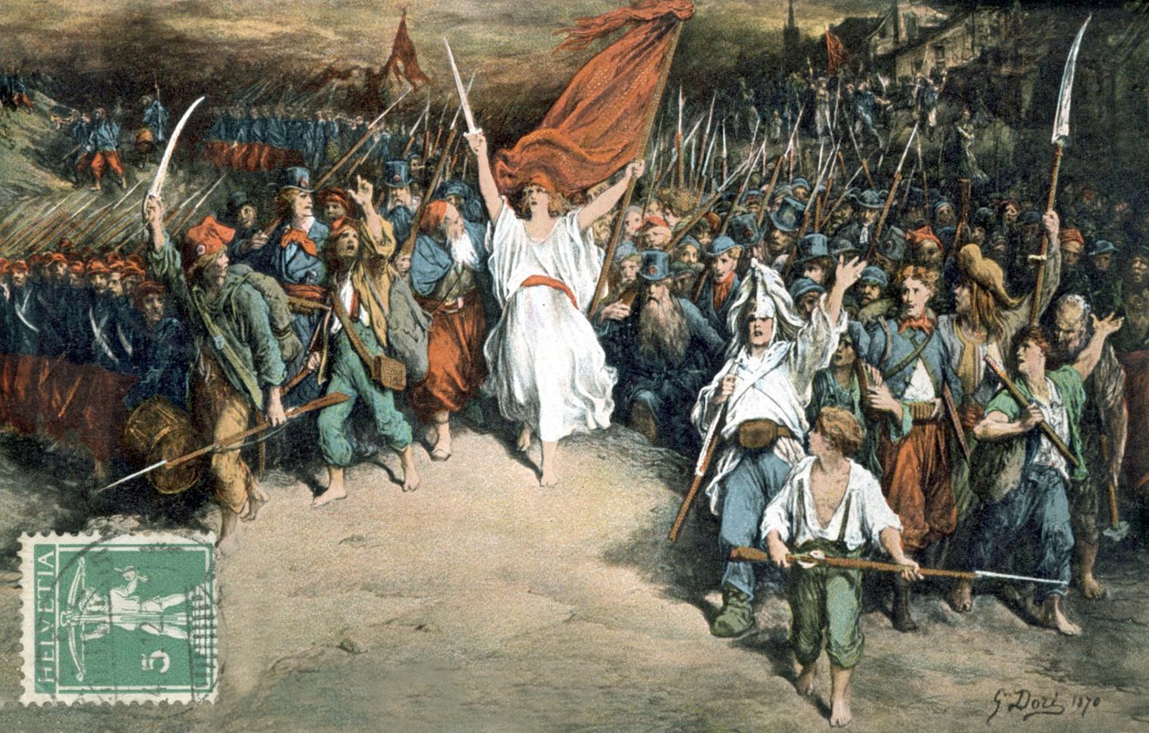Franska republiken leder det franska folket till kamp mot preussarna, teckning av Gustave Dore (1870), Vykort av Gustave Dore