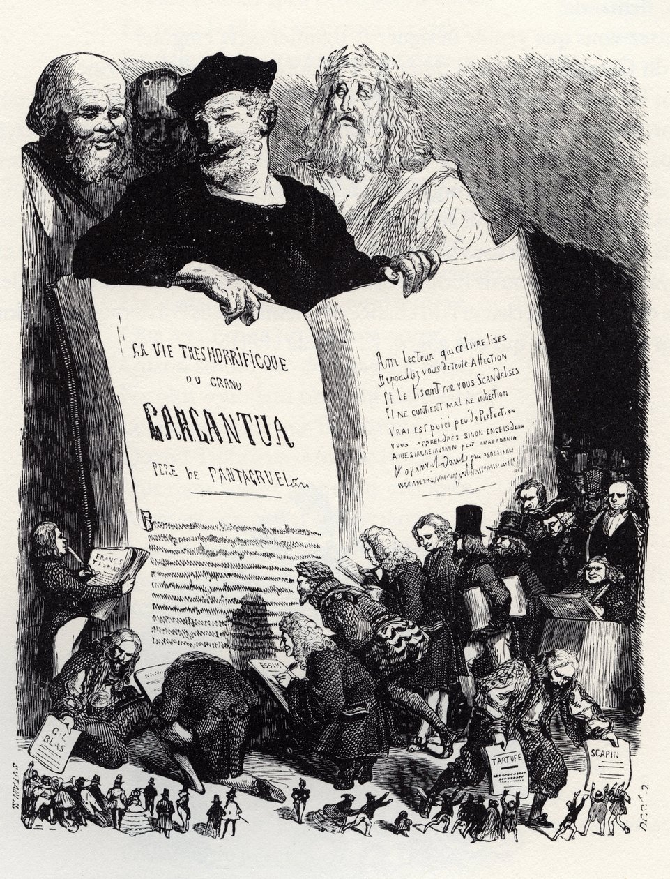 Frontispice av upplagan av 1854 - I sällskap med antika och moderna författare presenterar Rabelais sin andra roman - illustration från "Gargantua och Pantagruel", av Francois Rabelais - gravyr av Gustave Dore (1832-1883) av Gustave Dore