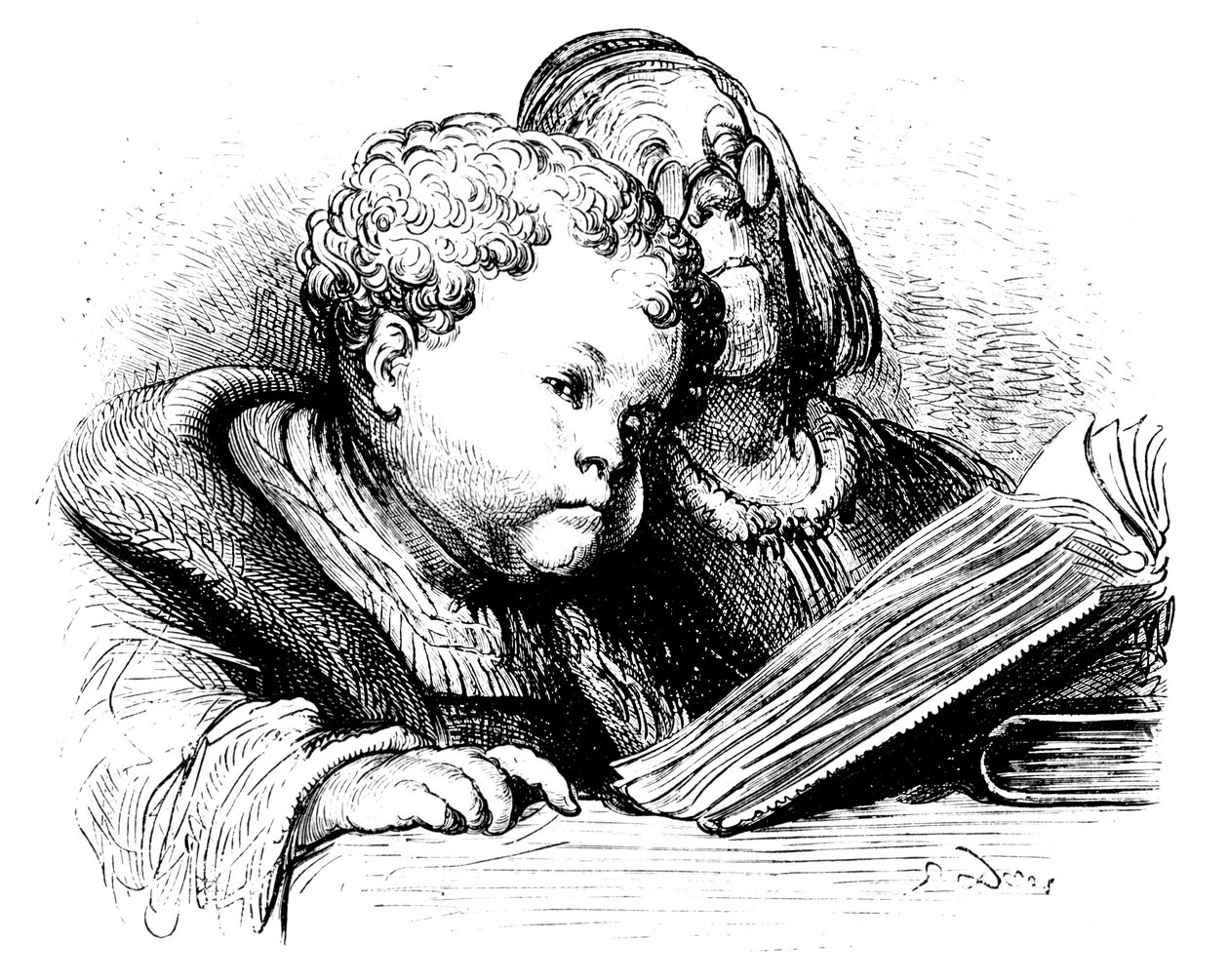 Gant Gargantuas utbildning: som barn lär han sig läsa med sin lärare. Illustration av Gustave Dore till Francois Rabelais verk. av Gustave Dore