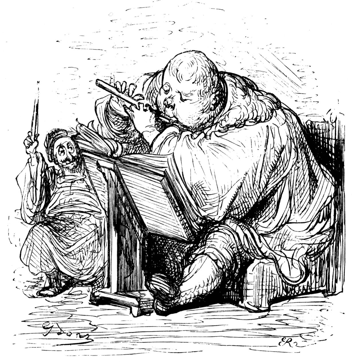 Gargantua utbildning: den unge herren lär sig spela flöjt med sin musiklärare. Gravyr av Gustave Dore som illustrerar Rabelais verk. av Gustave Dore