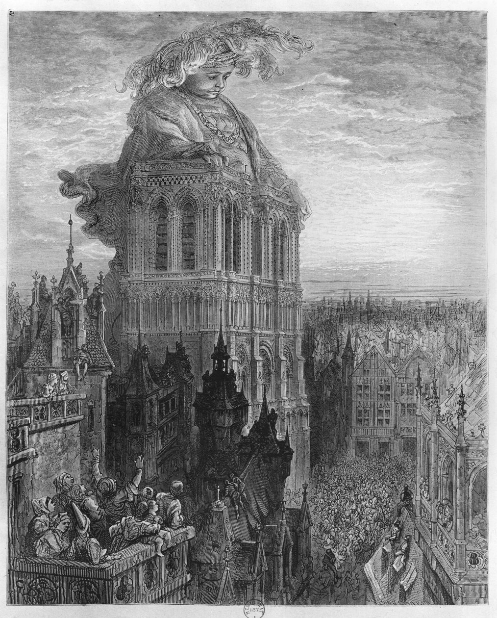 Gargantua på tornen i Notre-Dame i Paris, illustration från 