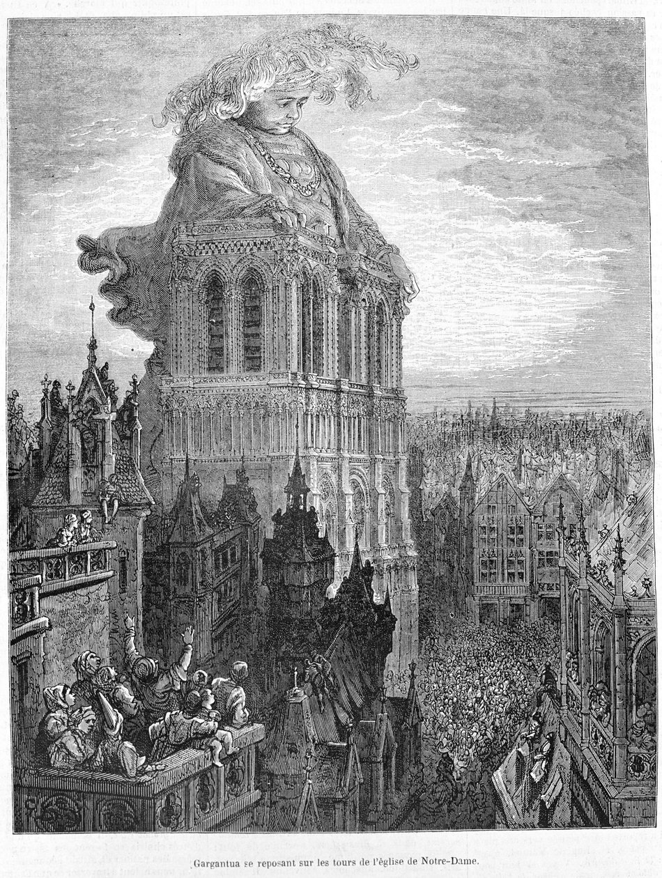 Gargantua vilar på tornen i Our Lady Church. Gravyr efter verket Gargantua av François Rabelais (1483 - 1553) av Gustave Dore