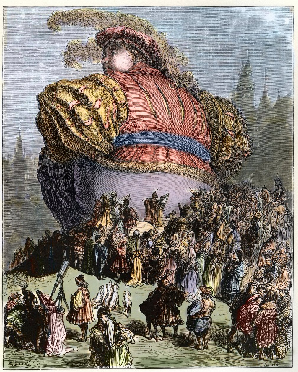 Gargantua besöker Paris - Folket i Paris förundras över Gargantua - illustration från "Gargantua och Pantagruel", av Francois Rabelais - gravyr av Gustave Dore (1832-1883) av Gustave Dore
