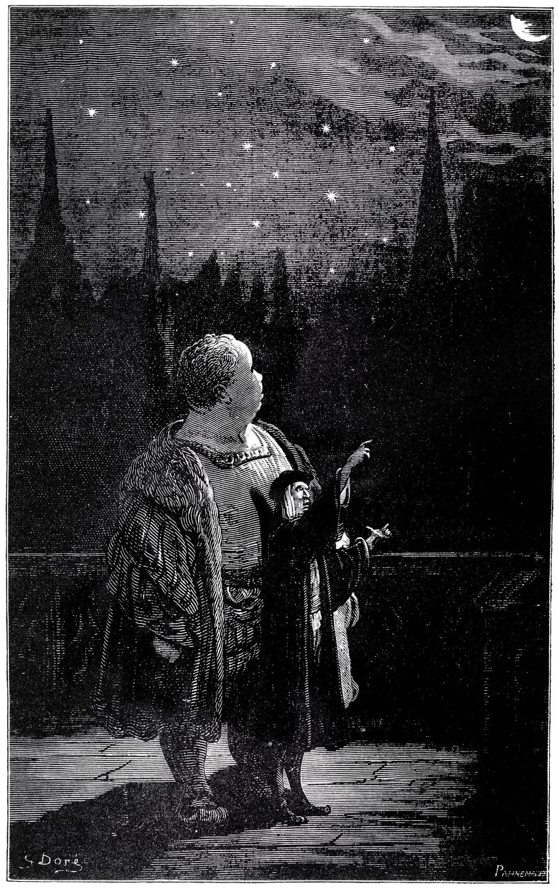 Gargantuas utbildning: på natten, tillsammans med en astronom, observerar den unge jätten stjärnor, stjärnor och kometer på natthimlen. Gravyr av Gustave Dore som illustrerar Rabelais verk. av Gustave Dore