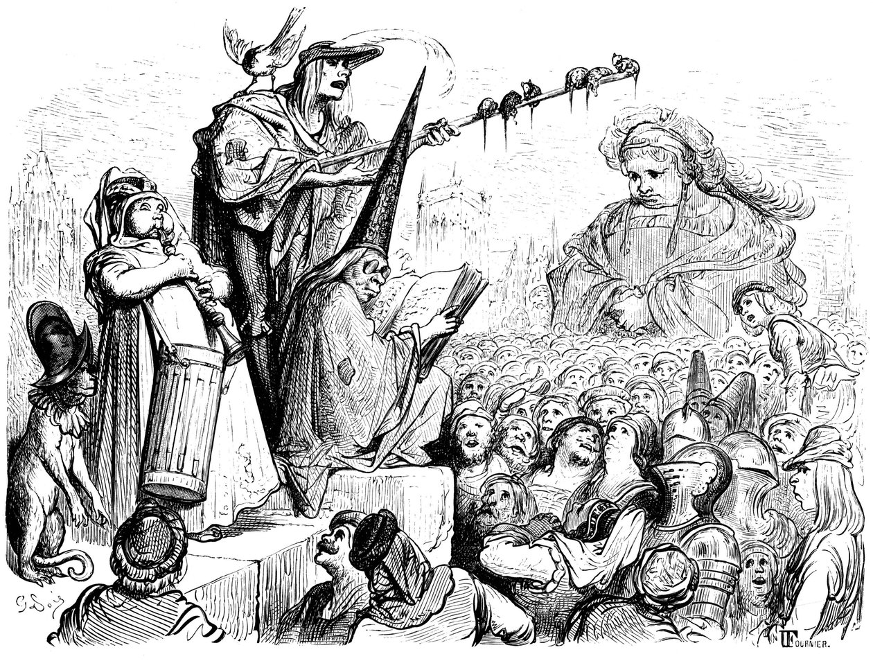 Gargantuas utbildning: "Han skulle lyssna till offentliga lektioner, högtidliga handlingar, upprepningar, deklamationer, goda advokaters pläderingar, evangelistpredikanters tal ...". Gravyr av Gustave Dore som illustrerar Rabelais verk. av Gustave Dore