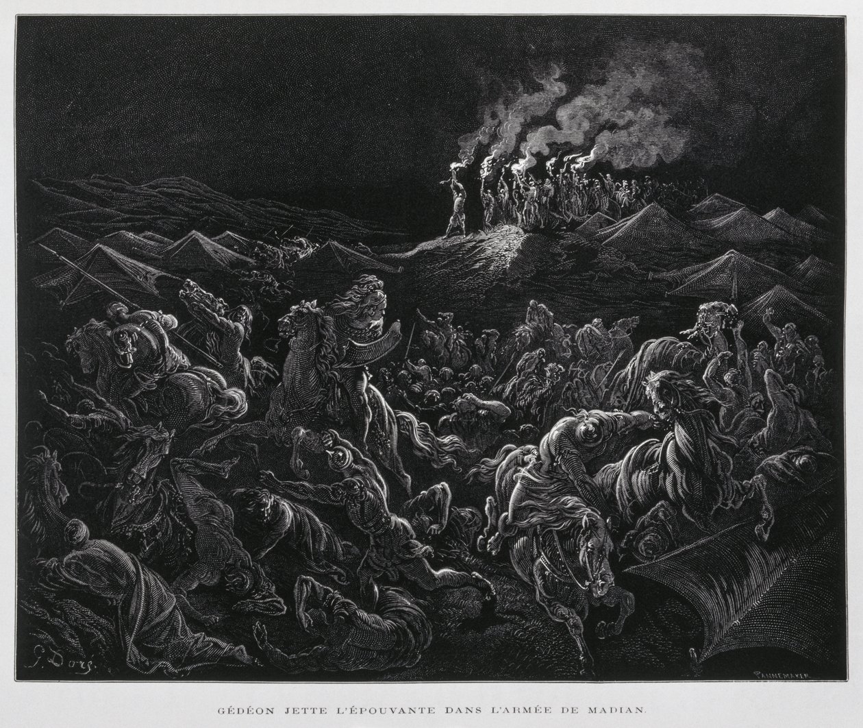 Gideon anfaller midjaniterna på natten, illustration från Dore-bibeln av Gustave Dore