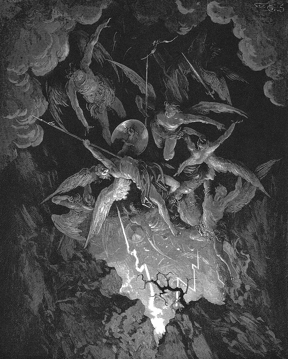 Gustave Dore-illustration till John Miltons episka dikt som dramatiserar människans fall, Paradise Lost (1667), bok VI. De upproriska änglarna faller genom sprickan i himlens mur och störtar ner i helvetet. Trägravyr 1866 av Gustave Dore
