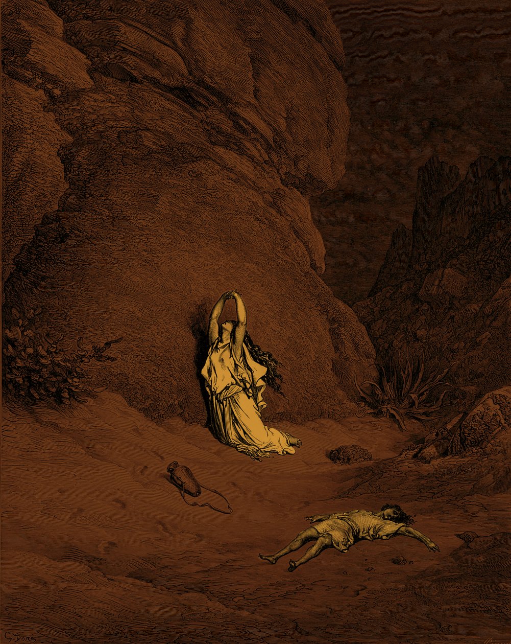 Hagar och Ismael, gravyr av Doré. - Bibeln av Gustave Dore