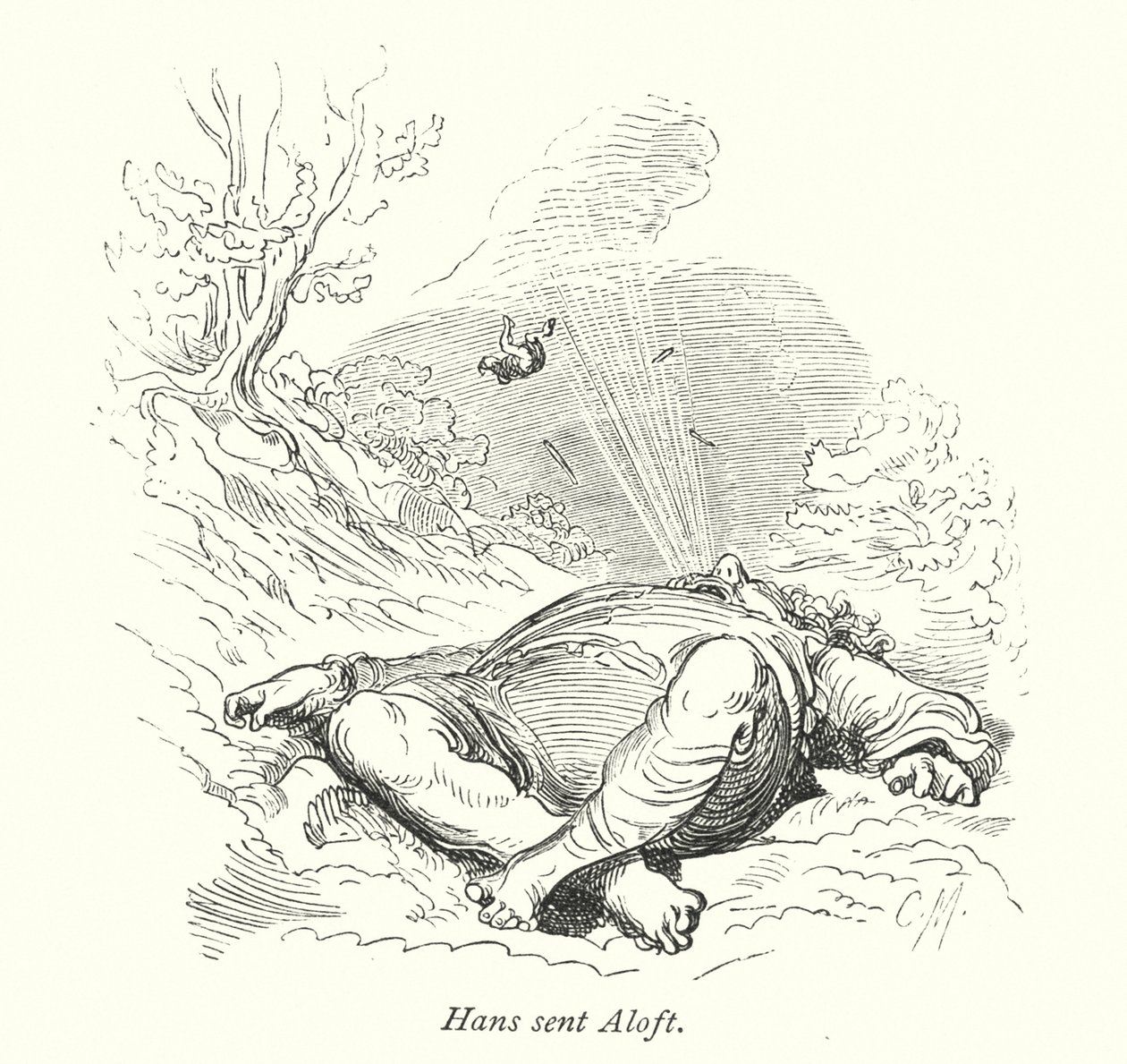 Hans sändes upp i luften (gravyr) av Gustave Dore