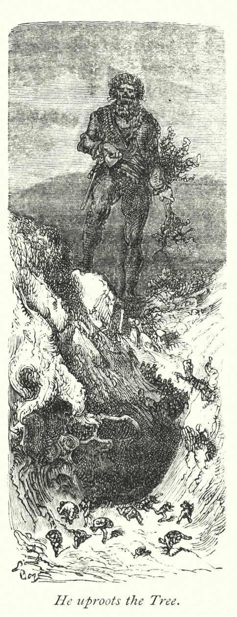 Han rycker upp trädet med rötterna (gravyr) av Gustave Dore