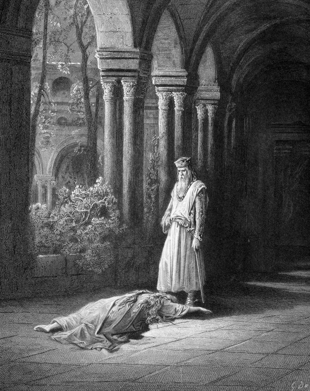 Han stannade: drottningen släpade sig något mot honom, hon lade sina händer runt fötterna på sin man (Junièvre och kung Arthur) - i "Juniper" av Alfred Tennyson, sjuk. av Gustave Doré Paris, Librairie Hachette et Cie av Gustave Dore
