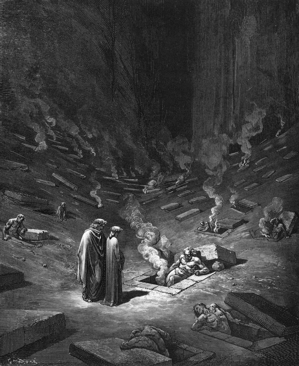 Heresiarkerna, illustration ur "Den gudomliga komedin" (Inferno) av Dante Alighieri (1265-1321) Paris, publicerad 1885 av Gustave Dore