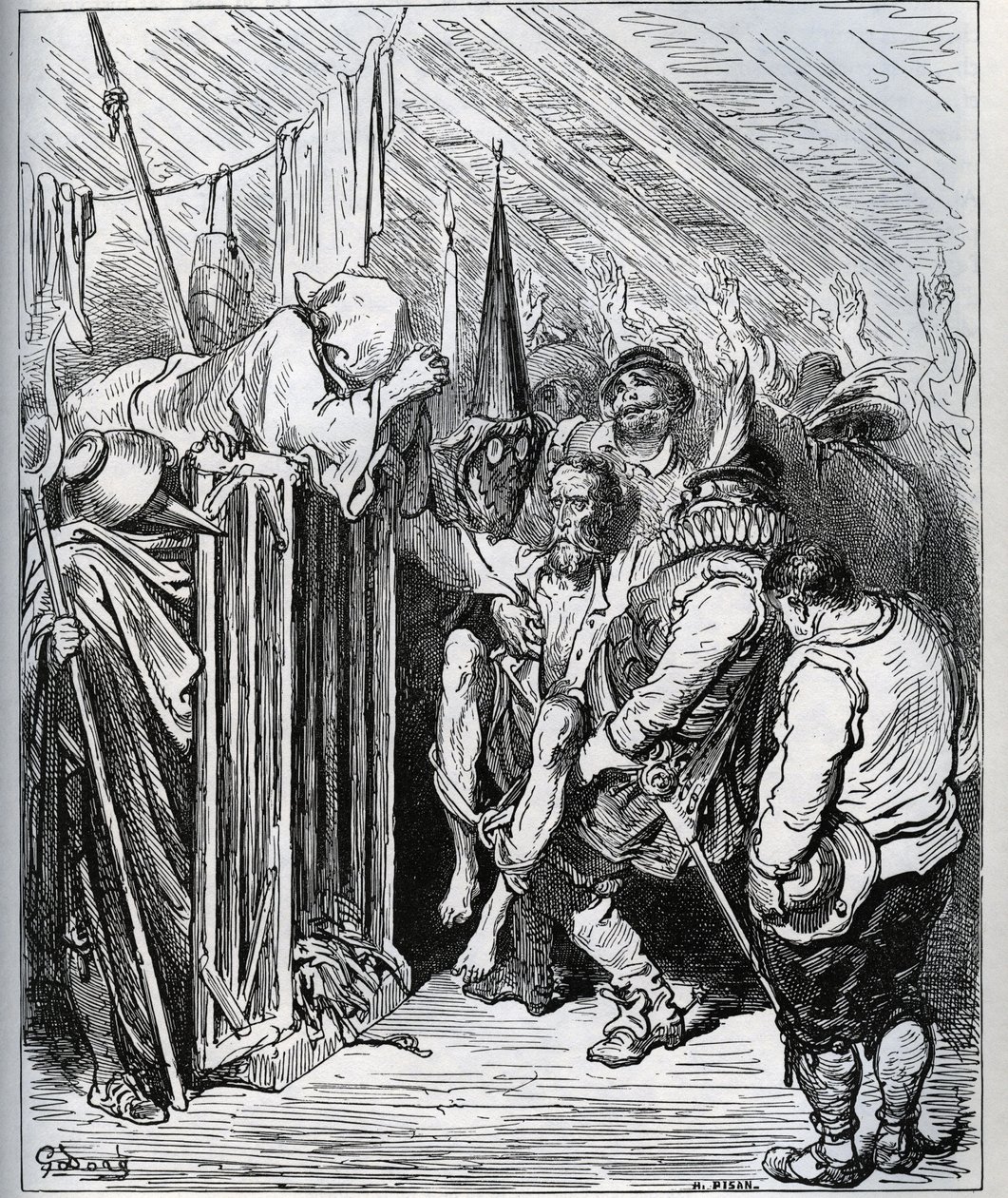 Hur man blir av med Don Quijote. Folket i hotellbutiken bestämde sig för att låsa in honom genom att få honom att tro på en ny förtrollning och ett nytt ridderligt test - från "Don Quixote de la Mancha" av Miguel Cervantes (1547-1616) (Don Quijote) - Träsn av Gustave Dore