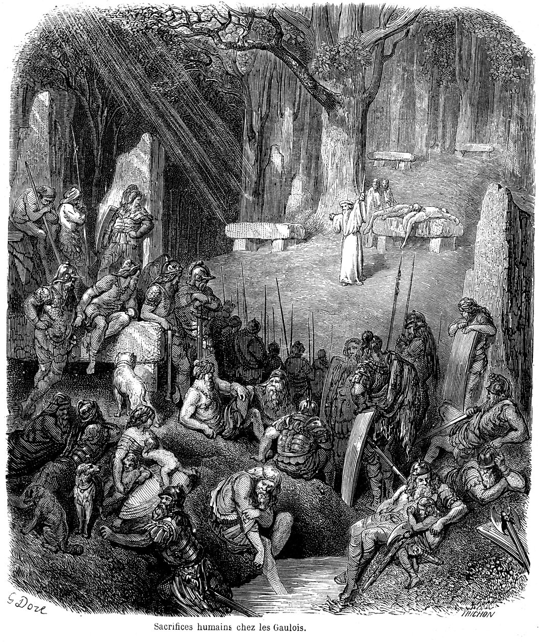 Människooffer bland gallerna - druider, dolmen, menhir - gravyr av Gustave Dore i "L