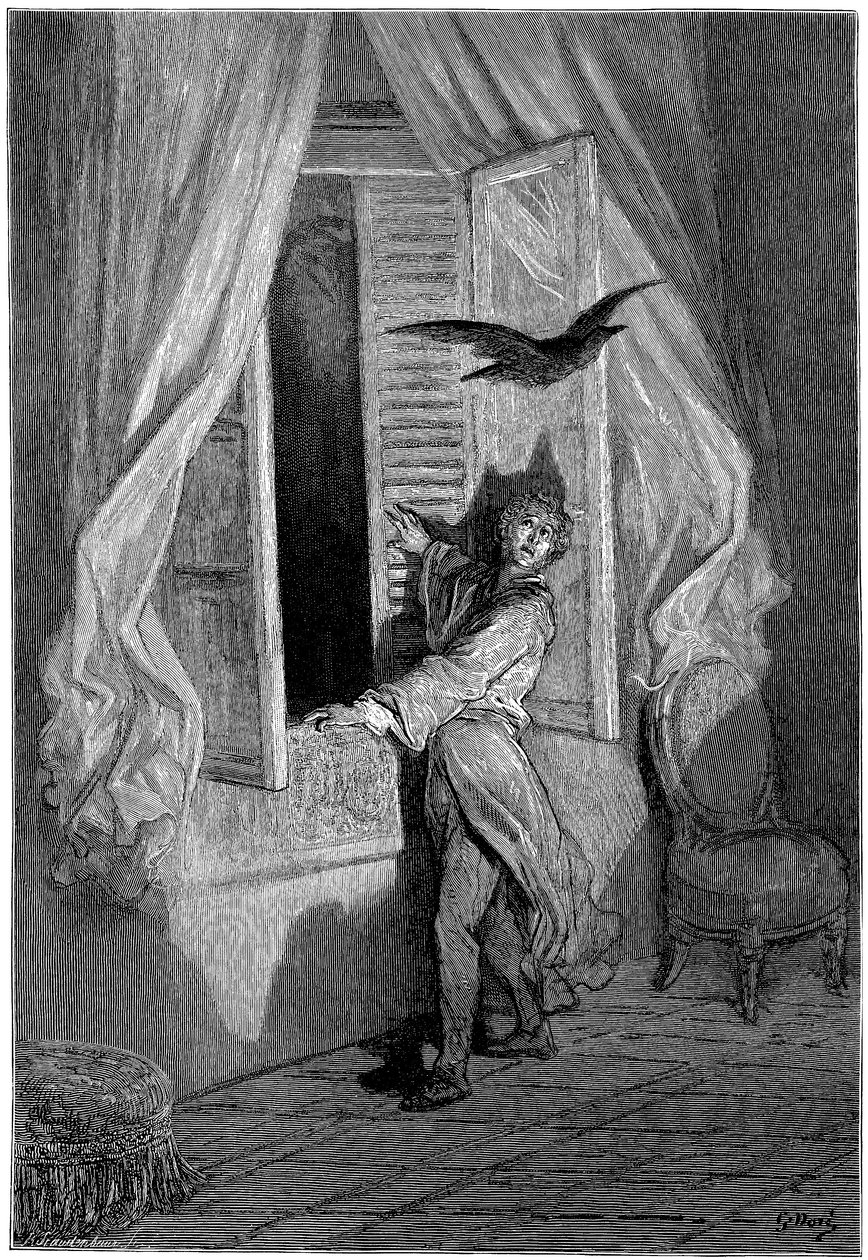 Illustration av Gustave Dore (1832-1883) till Edgar Allan Poes novell "Korpen" (The Raven). Denna serie fullbordades av Dore 1883, året för hans död, och är därför ett av hans senaste verk - av Gustave Dore