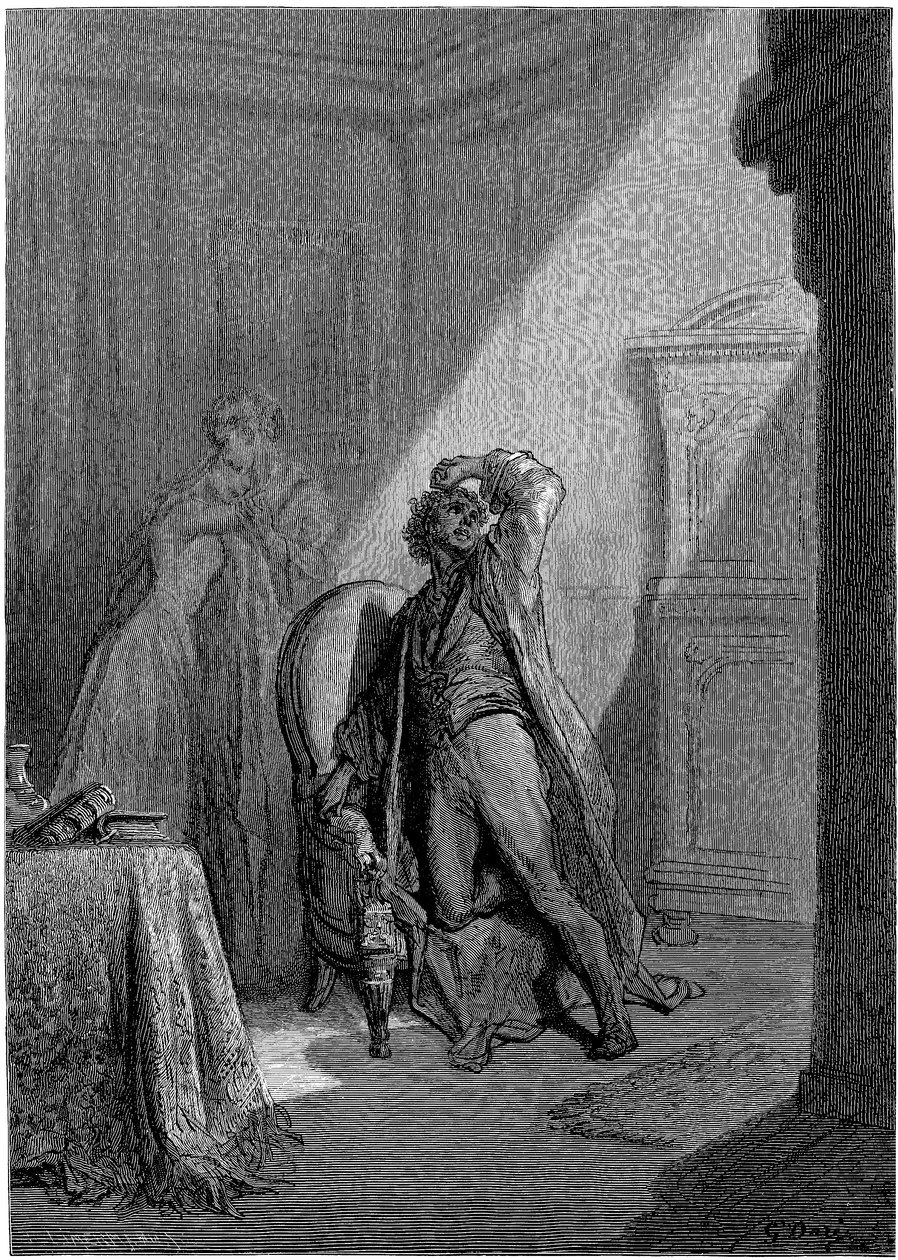 Illustration av Gustave Dore (1832-1883) till Edgar Allan Poes novell "Korpen" (The Raven). Denna serie fullbordades av Dore 1883, året för hans död, och är därför ett av hans senaste verk - av Gustave Dore