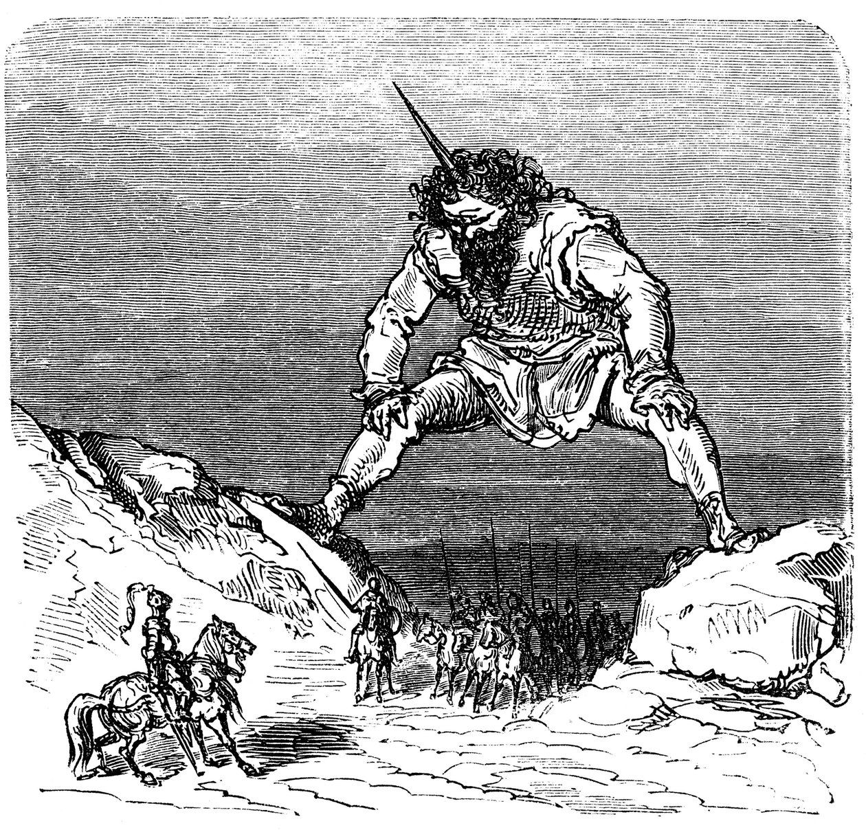 Illustration av Gustave Dore (1832-1883) till Ernest Lepines bok "La legende de Croquemitaine" (1863) - En jätte som påminner Gulliver - av Gustave Dore