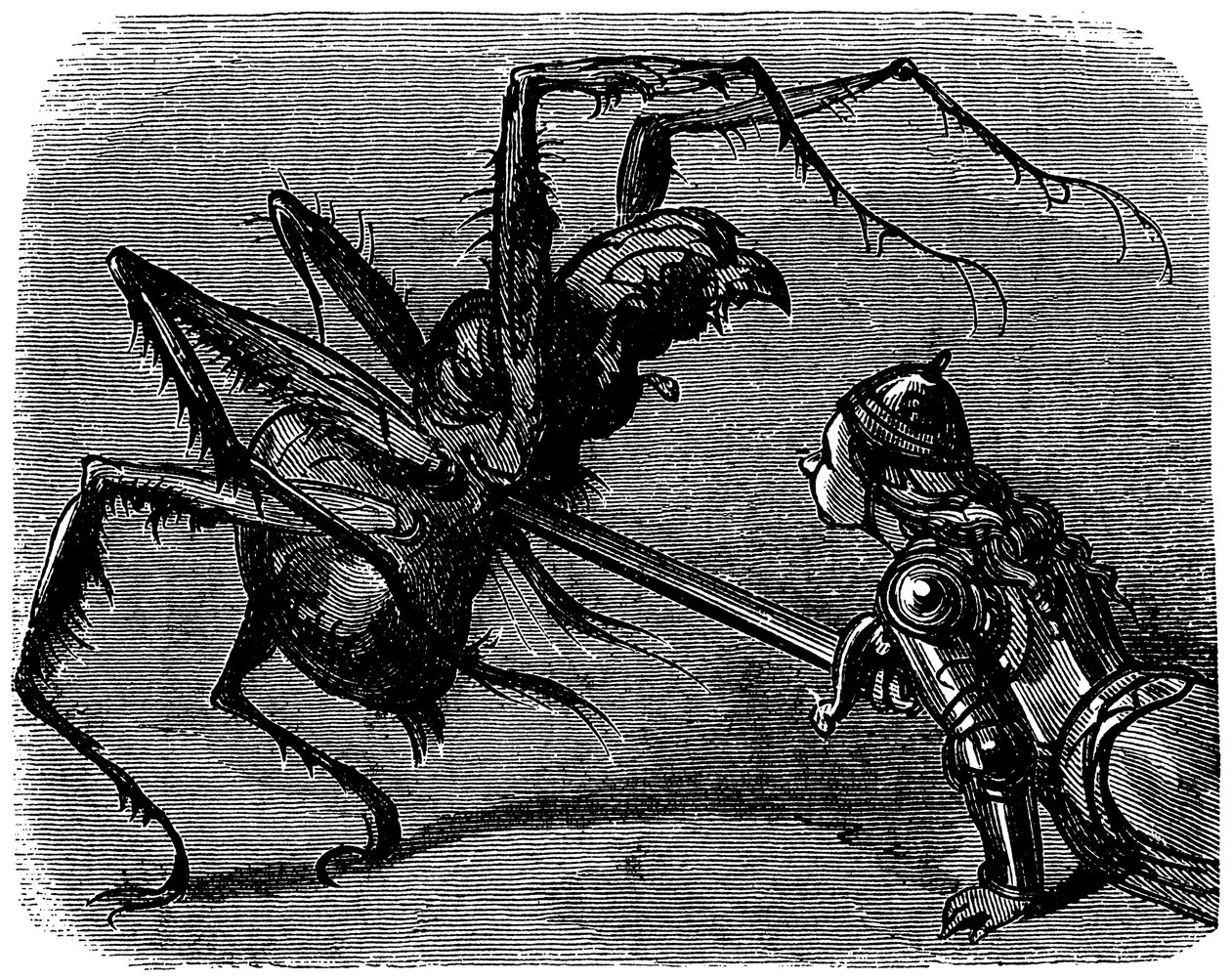 Illustration av Gustave Dore (1832-1883) till Ernest Lepines bok "La legende de Croquemitaine" (1863) - Inför denna bild av en strid med svärd mot en gigantisk araignee kan man inte låta bli att tänka på Frodos och Aragnes kamp i Tolkiens av Gustave Dore