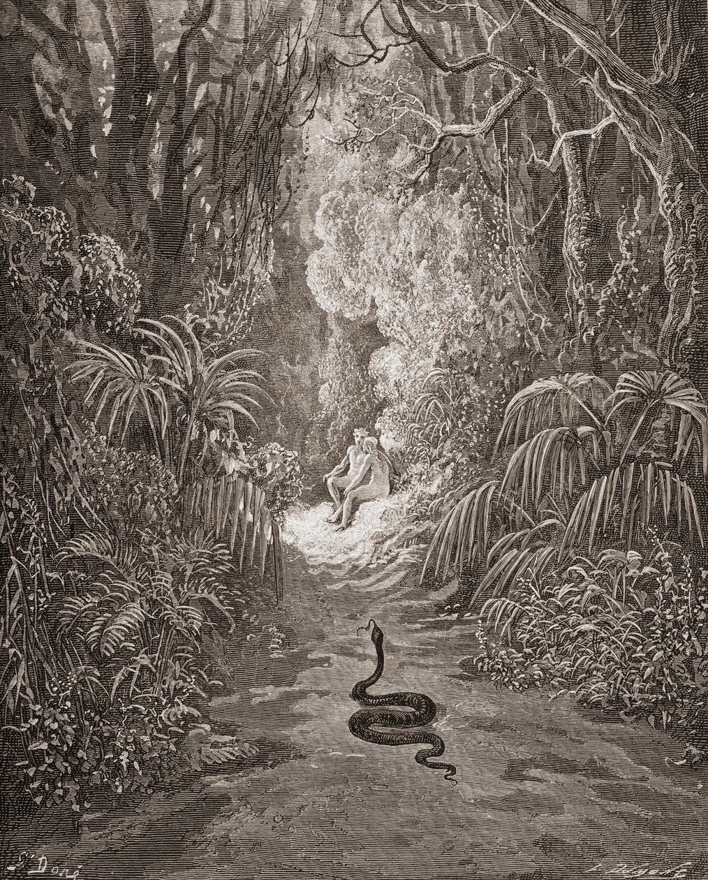 Illustration av Gustave Dore 1832-1883 Fransk konstnär och illustratör till Det förlorade paradiset av John Milton Bok IX rad 434 och 435 av Gustave Dore