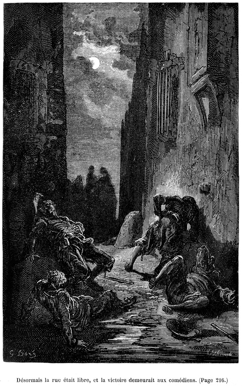 Illustration av Gustave Dore till Theophile Gautiers roman "Le Capitaine Fracasse" - Edition Charpentier 1883, praktiskt taget identisk med den första utgåvan som illustrerades av G. Dore på samma förlag 1866. Kapitel "Svärd, batting och andra äventyr av Gustave Dore