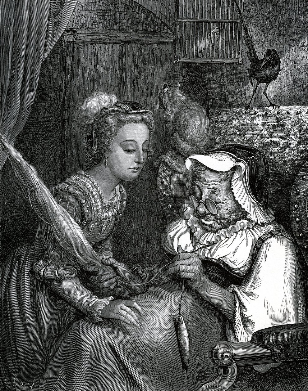 Illustration av Gustave Dore till en saga av Charles Perrault: Törnrosa. Prinsessan ska sticka sig på en gammal kvinnas katsvans som springer iväg i spindeln. av Gustave Dore