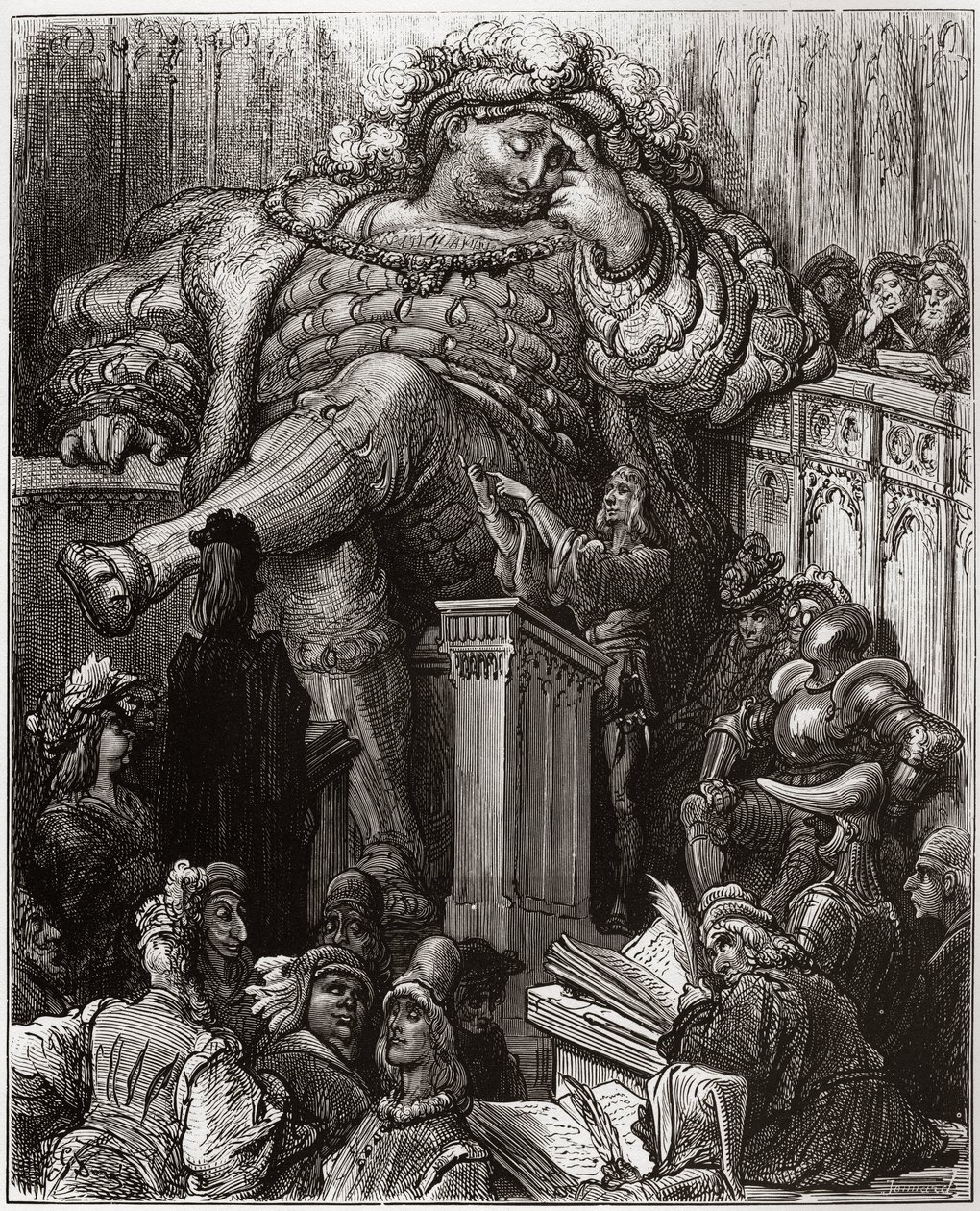 Illustration av Gustave Dore för Grand Gargantuas ovärderliga liv av Francois Rabelais - illustration från "Gargantua och Pantagruel", av Francois Rabelais - gravyr av Gustave Dore (1832-1883) av Gustave Dore
