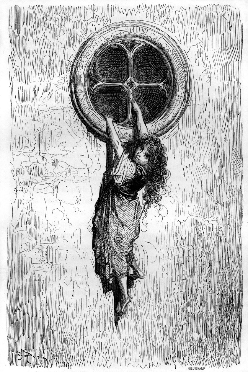 Illustration av Gustave Dore till romanen "Le Capitaine Fracasse" av Theophile Gautier (1811-1872). Den unga Chiquita, smidig som en katt och tunn som en orm, tar sig in genom ett fönster för att följa med Isabelle till fångenskapen. av Gustave Dore