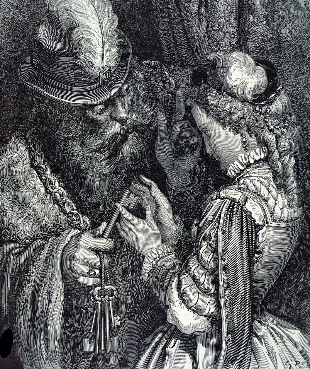 Illustration för "Blåskägg" av Charles Perrault (1628-1703) 1893 av Gustave Dore