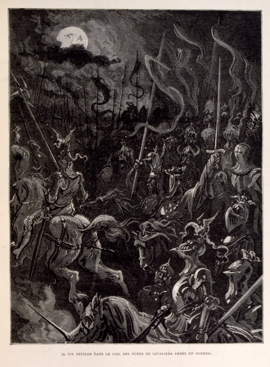 Illustration av riddare i strid under en månbelyst kväll. av Gustave Dore