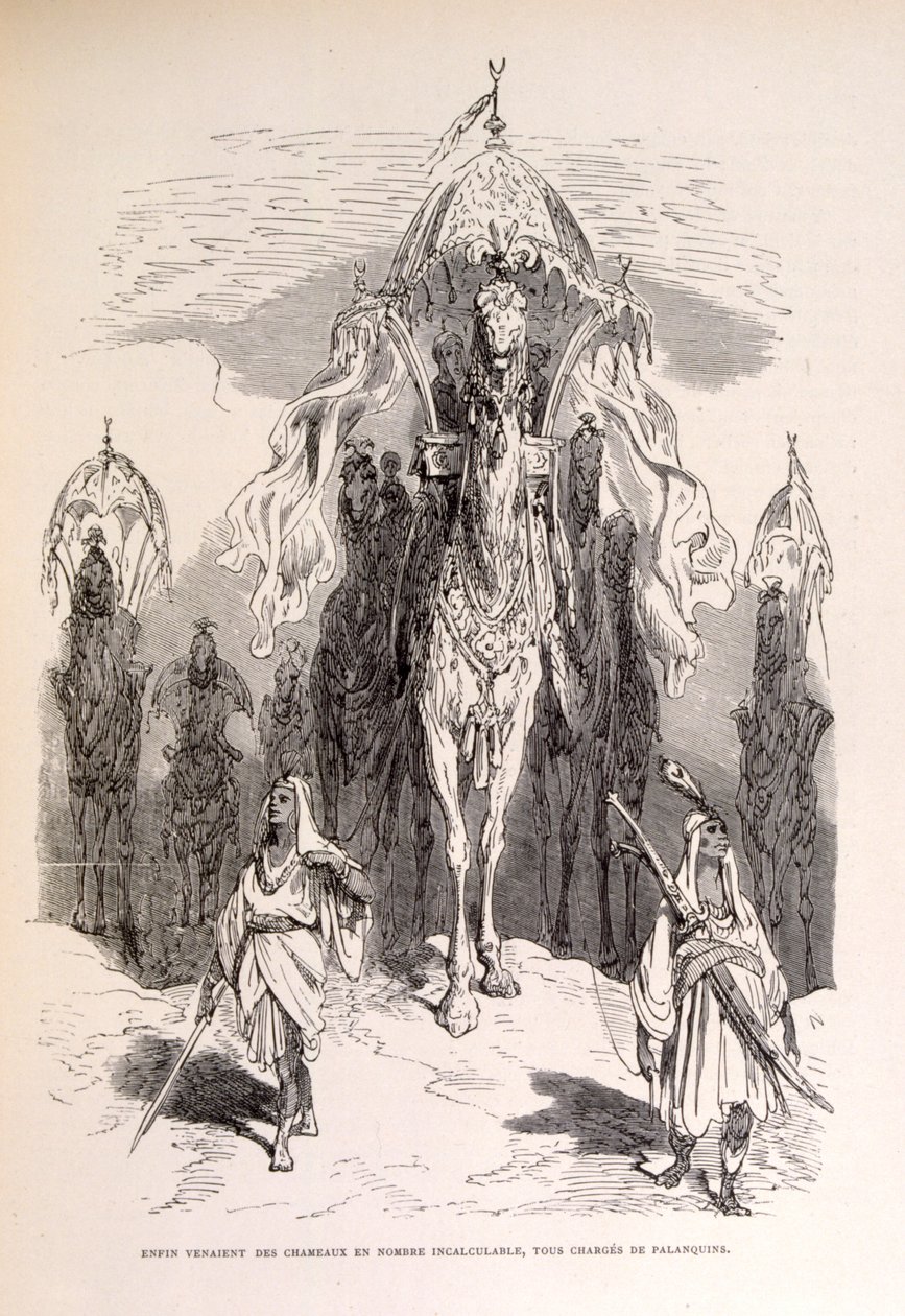 Illustration av ett orientaliskt kameltåg med tjänstefolk och vagn. av Gustave Dore