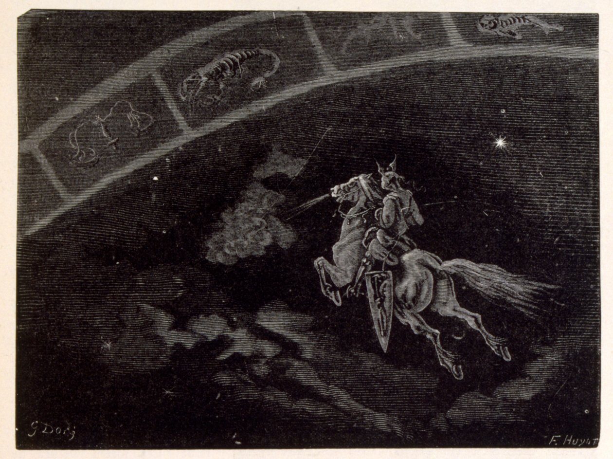 Illustration av stjärntecknet Skorpionen. från La legende de Croque-Mitaine. av Gustave Dore