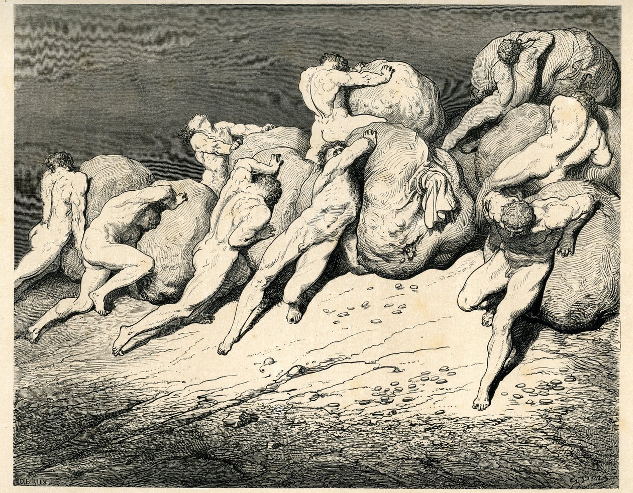 I helvetets fjärde krets, under vilken Pluto (Hades) presiderar, bär och rullar Avares och Prodigans tunga bördor (stenar) och kolliderar med ilska. Gravyr ur Helvetet av Dante Alighieri (Den gudomliga komedin) illustrerad av Gustave Dore. Franska e av Gustave Dore