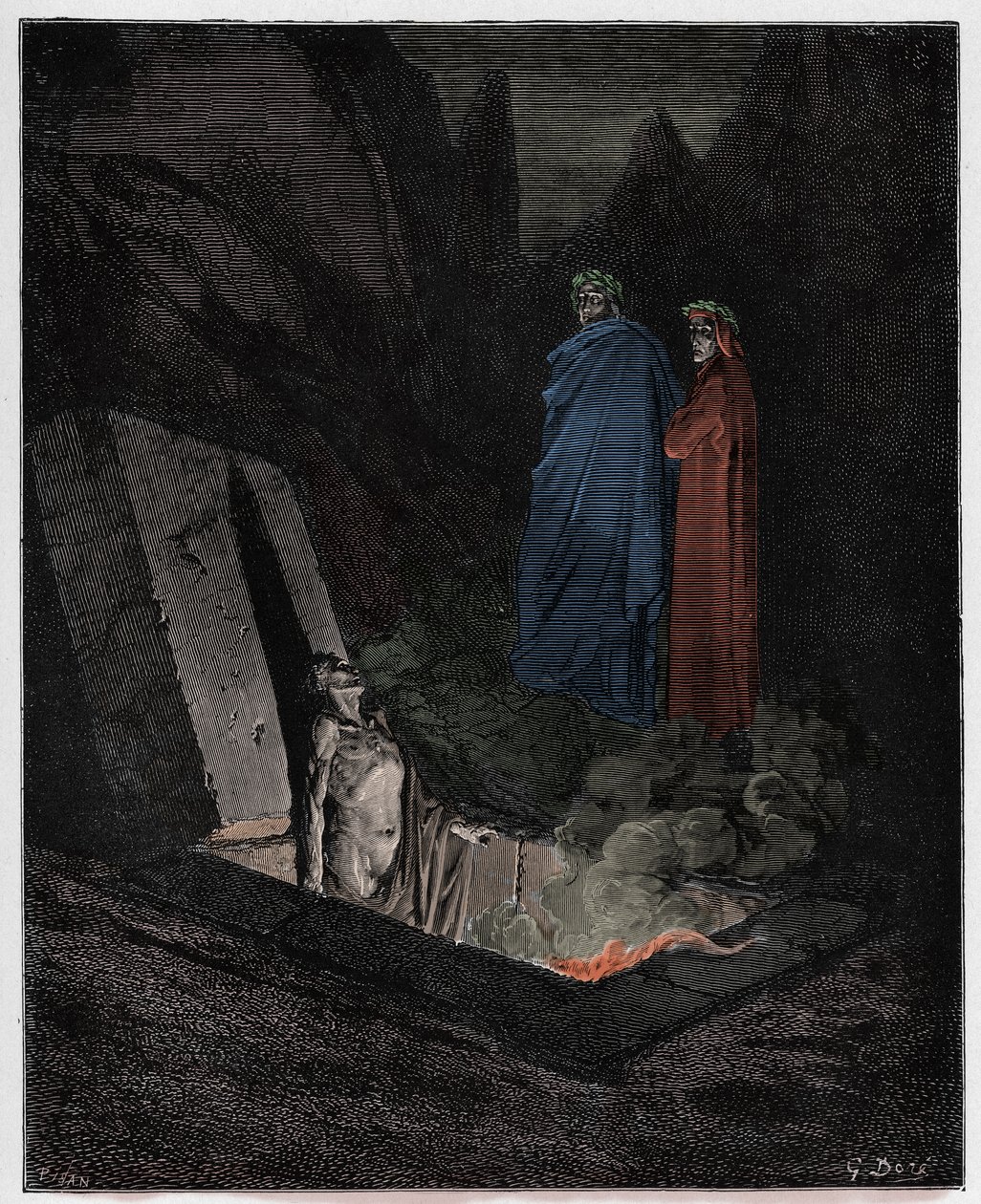 Inferno, Canto 10: Farinata degli Uberti tilltalar Dante, illustration från "Den gudomliga komedin" av Dante Alighieri, 1885 av Gustave Dore