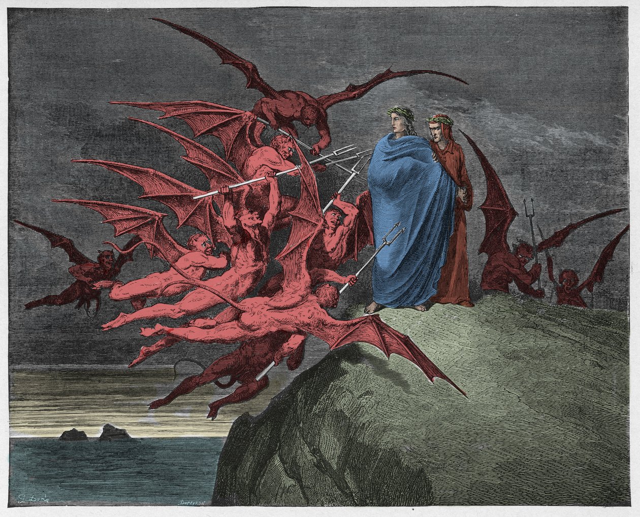 Inferno, Canto 21 : Demonerna hotar Vergilius, illustration från "The Divine Comedy" av Dante Alighieri, 1885 av Gustave Dore