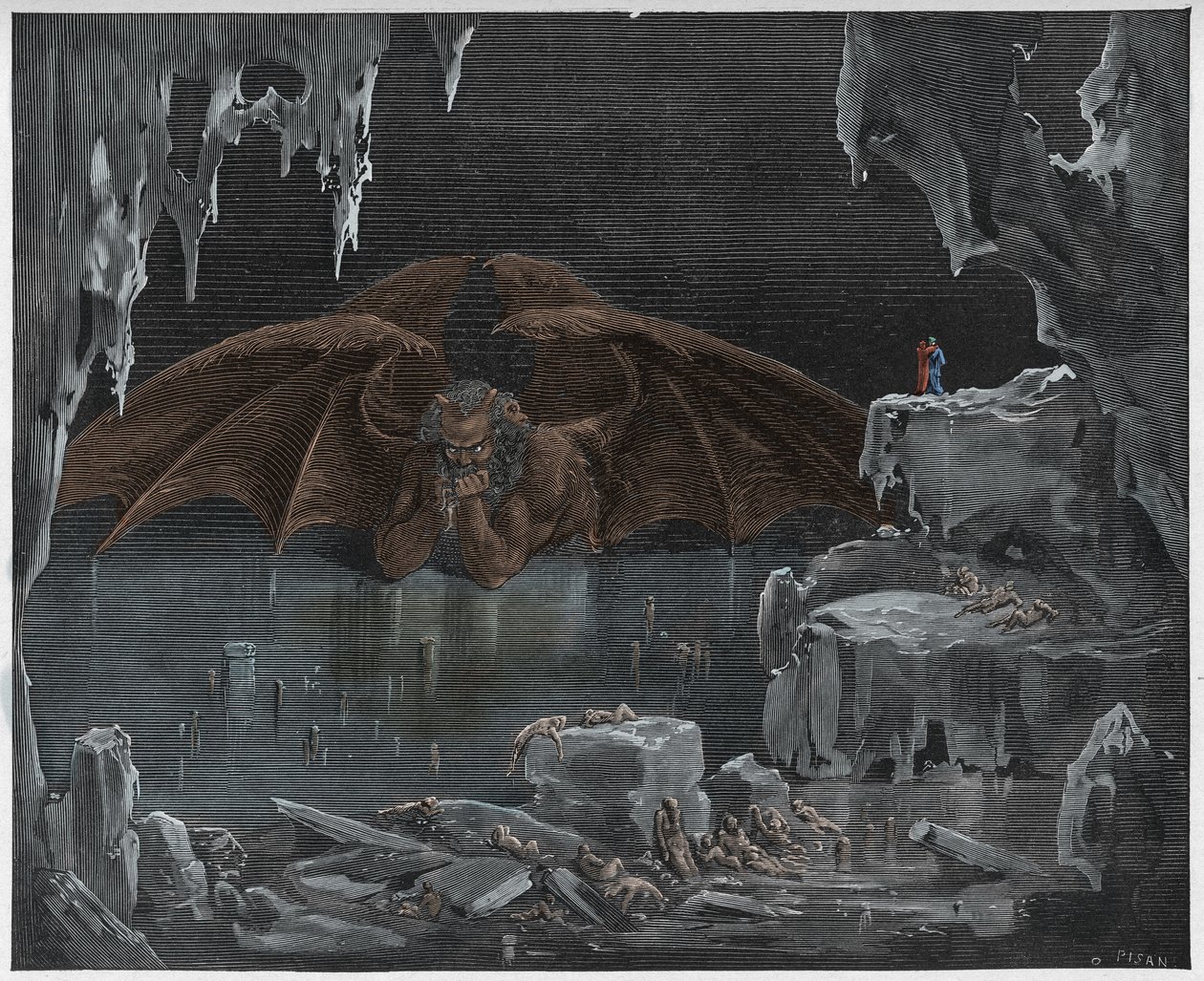 Inferno, Canto 34: Lucifer, kung av helvetet, frusen i isen, illustration från "Den gudomliga komedin" av Dante Alighieri, 1885 av Gustave Dore