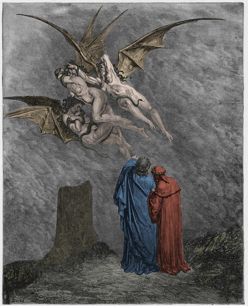 Inferno, Canto 9 : The ohyggliga Erinyes: Megaera, Tisiphone, Alecto av Gustave Dore