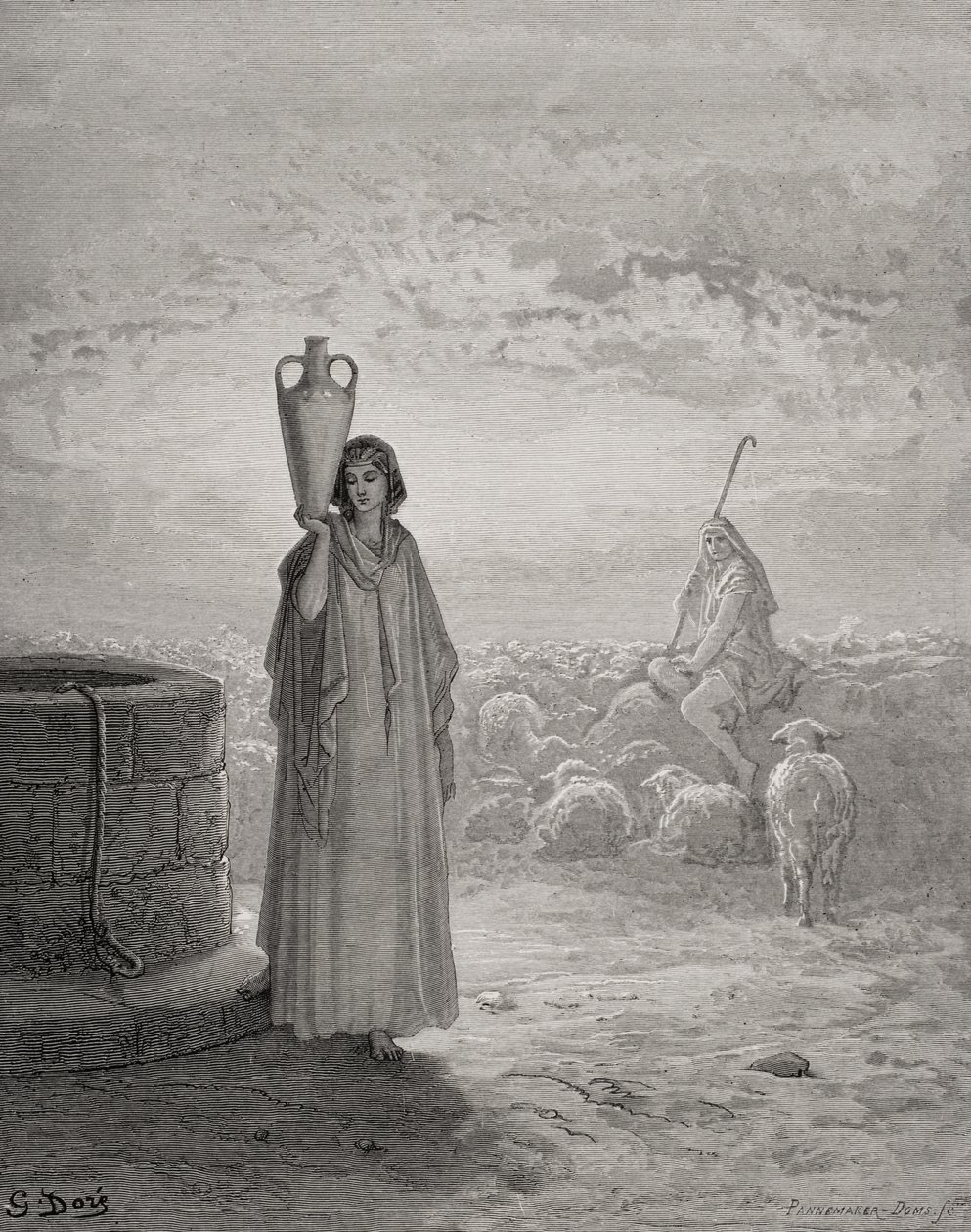 Jacob Keeping Labans flock, illustration från Dores 