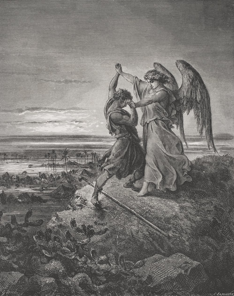 Jakob brottas med ängeln, 1 Mosebok 32:24-32, illustration från Dores 