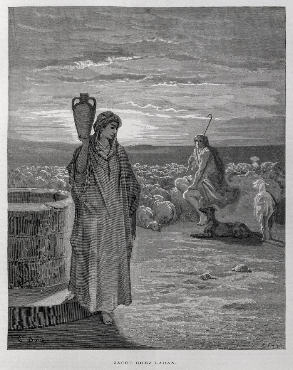 Jakob ser Rakel vid brunnen i Labans hem, Illustration från Dore-bibeln av Gustave Dore