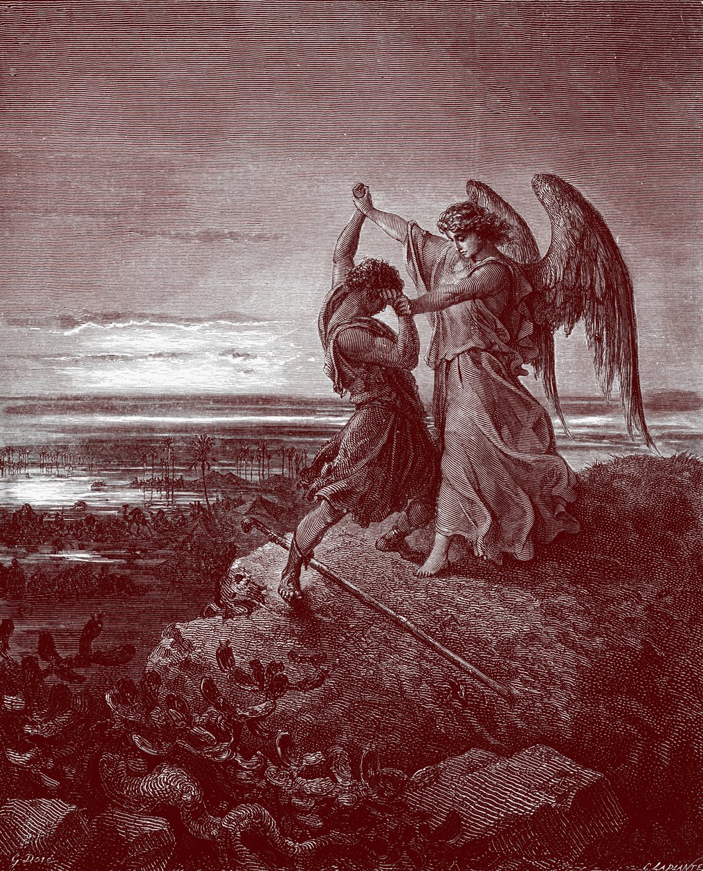 Jakob brottas med ängeln, av Doré. - Bibeln av Gustave Dore