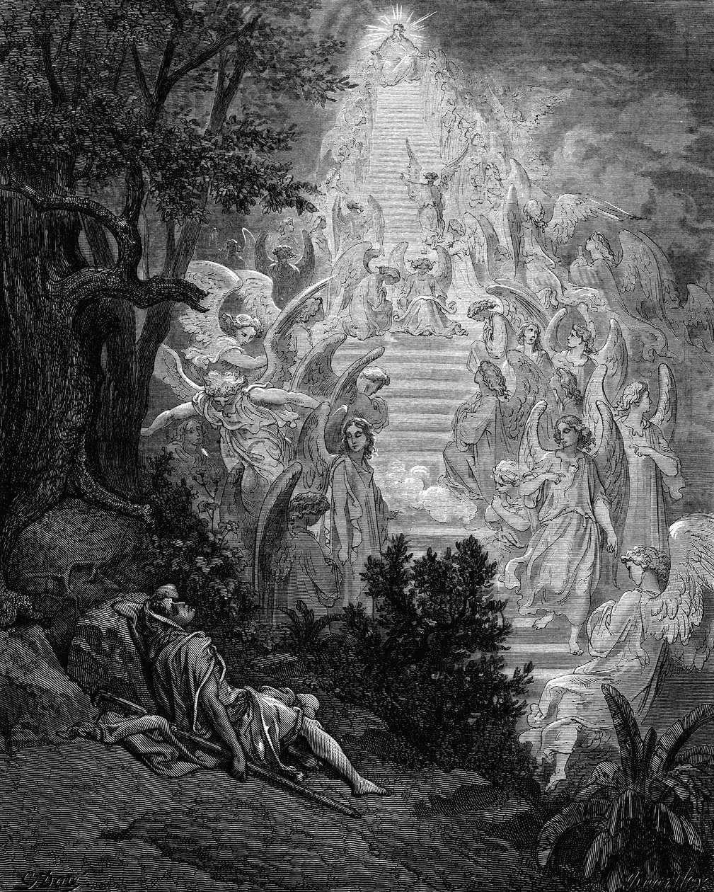 Jacobs drömmer om en trappa som leder till himlen med Gud på toppen, 1865-1866 av Gustave Dore