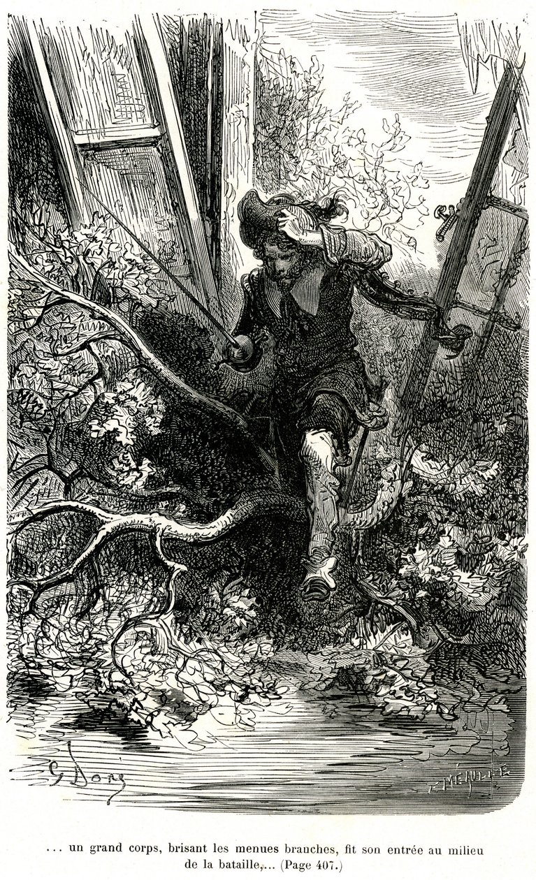 Jacquemin Lampourde, med pistolen i handen, kom till en punkt i striden. Gravyr av Gustave Dore som illustrerar Theophile Gautiers pikareskroman om cape och epee "Le capitaine Fracasse", edition Charpentier 1863. av Gustave Dore